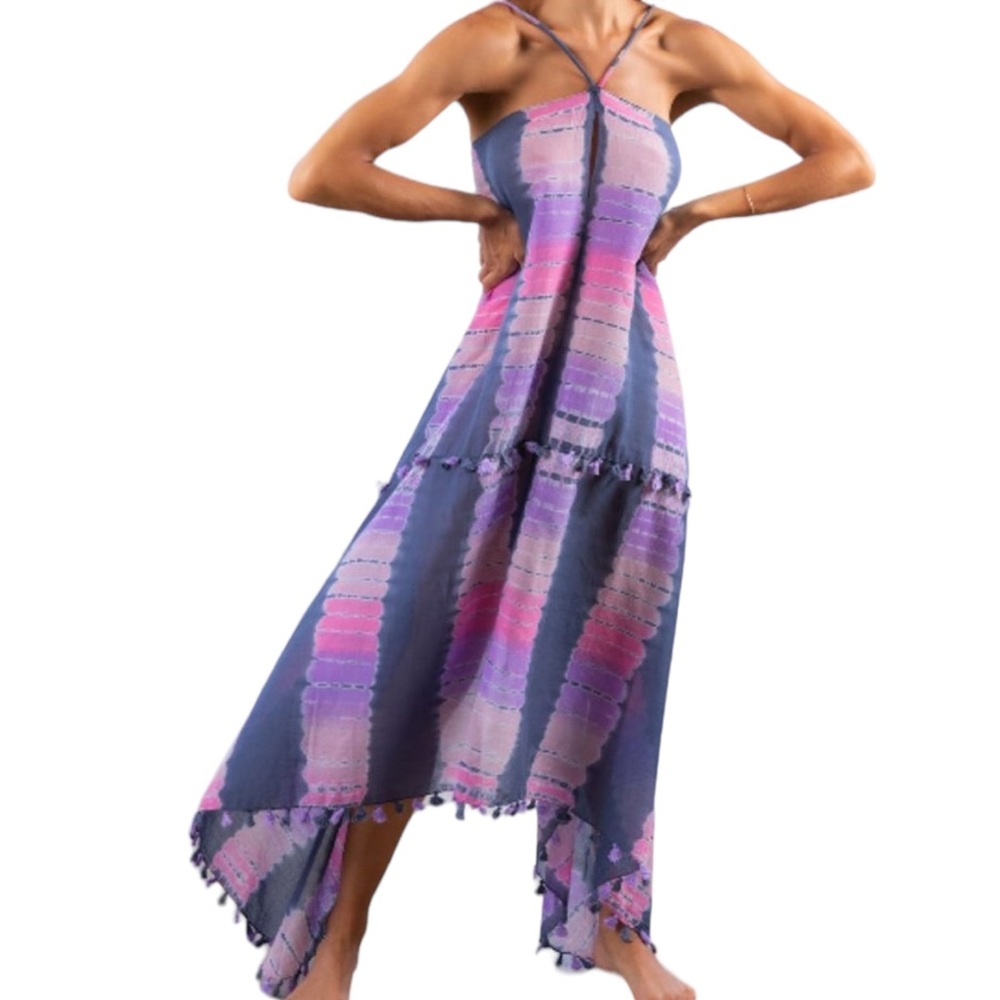 Grey/Purple Tie Dye Halter Scarf Tassel Keyhole Front Dress NWT